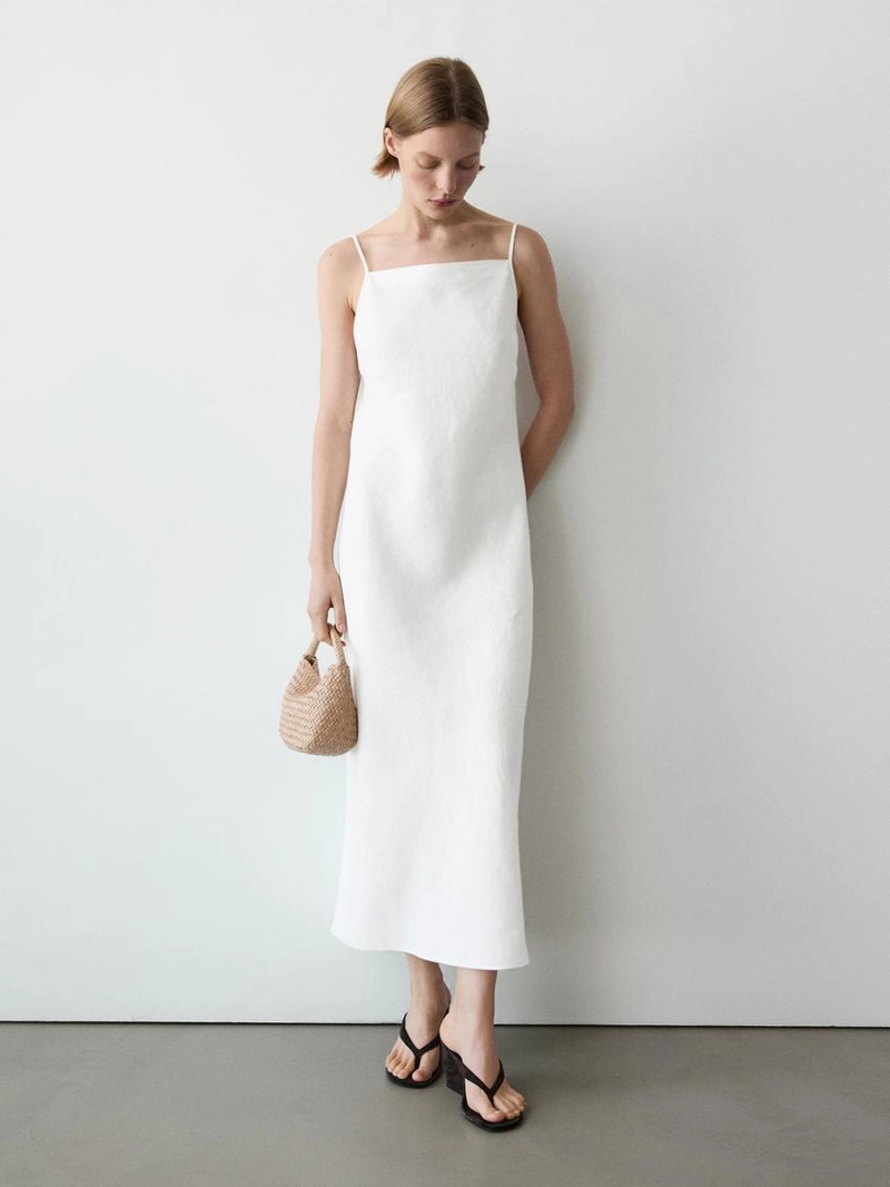 Платье-миди из льна с прямым вырезом