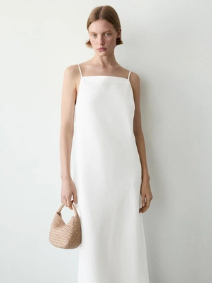 Платье-миди из льна с прямым вырезом- Заказать в России