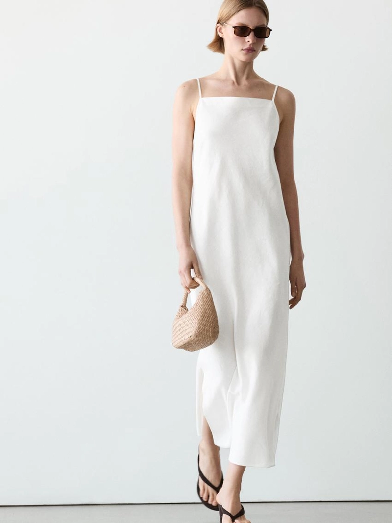 Платье-миди из льна с прямым вырезом