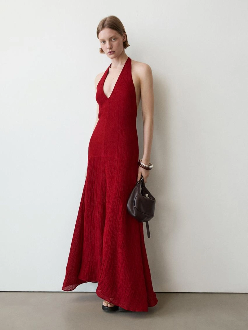 Длинное платье из 100% льна с деталями на горловине