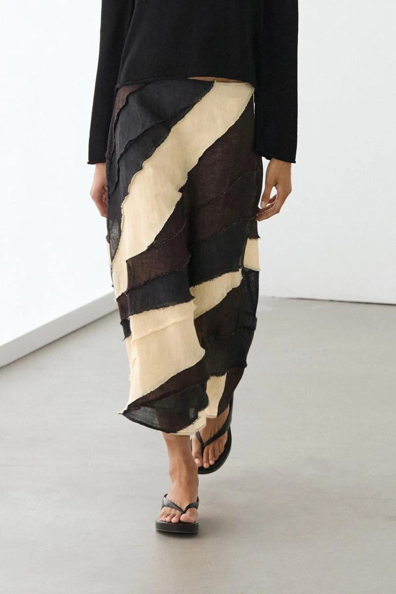 Многослойная юбка-миди из льна с контрастной отделкой