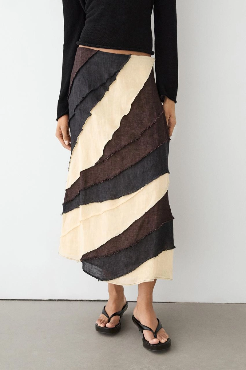 Многослойная юбка-миди из льна с контрастной отделкой