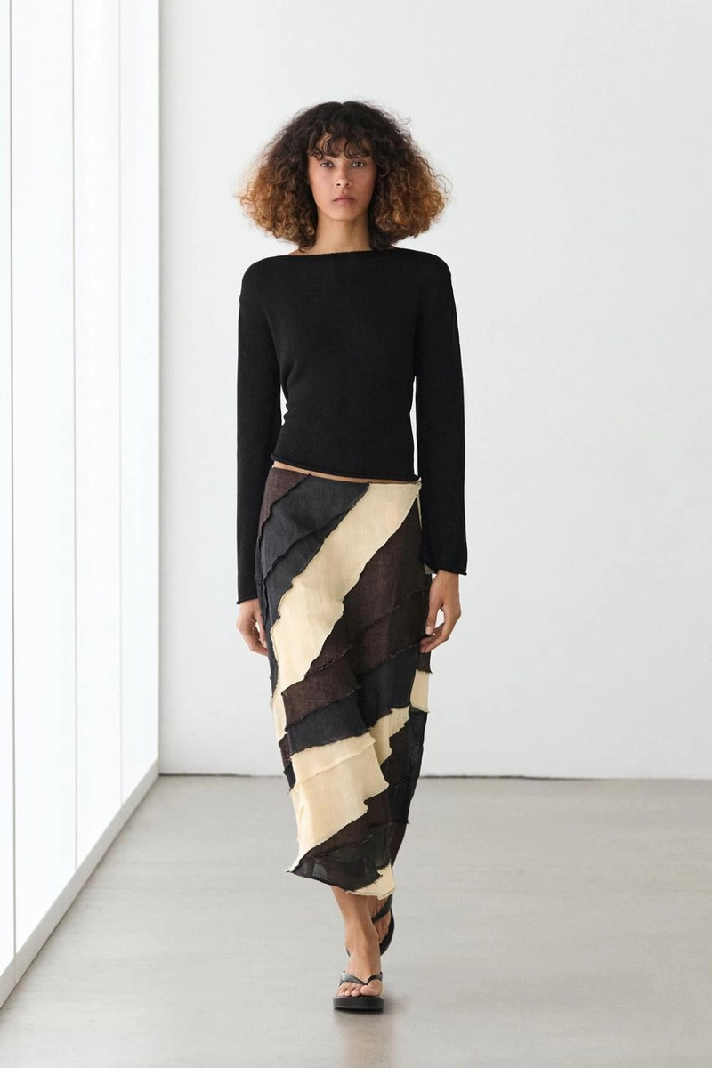 Многослойная юбка-миди из льна с контрастной отделкой