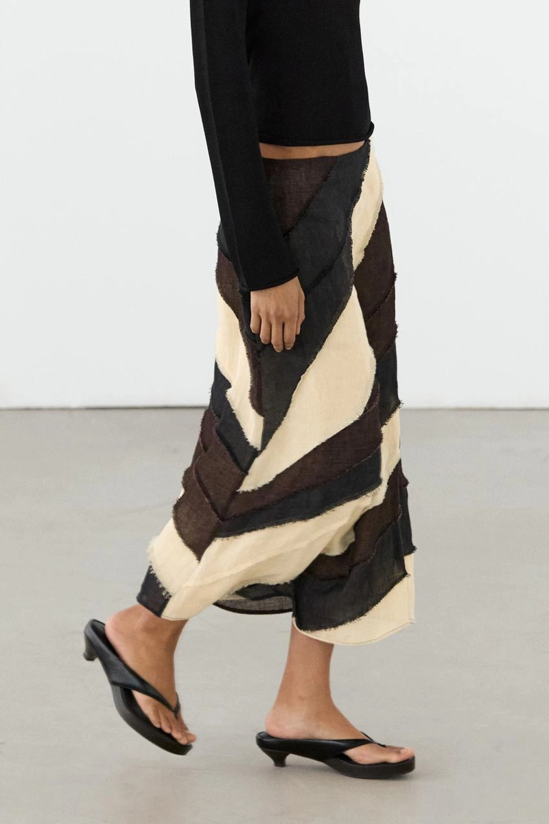 Многослойная юбка-миди из льна с контрастной отделкой