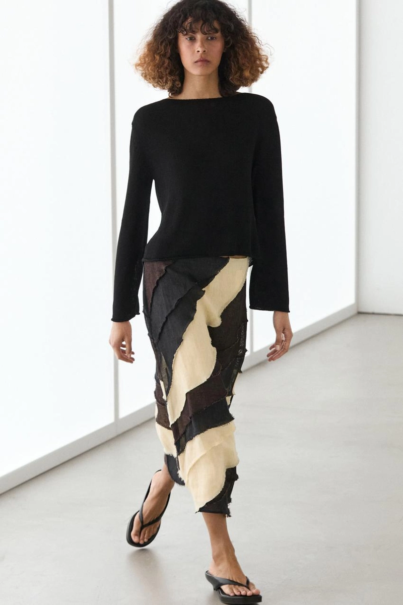 Многослойная юбка-миди из льна с контрастной отделкой