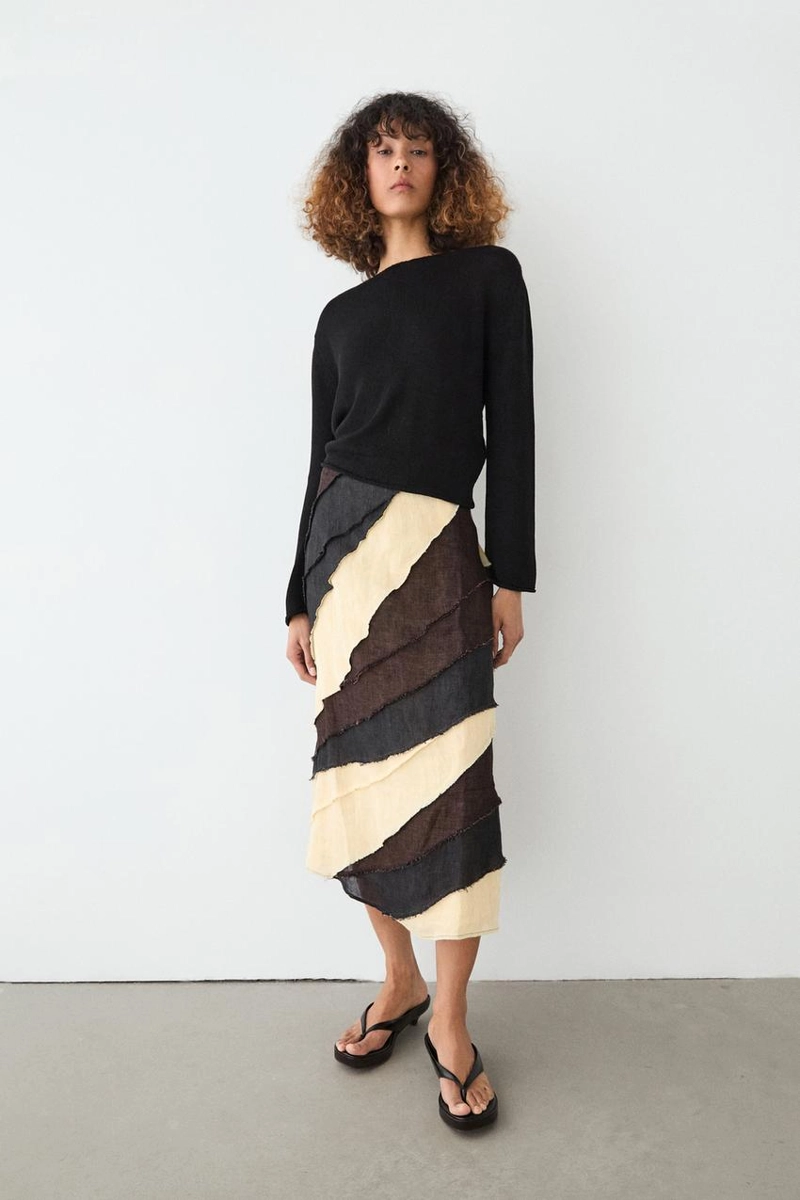 Многослойная юбка-миди из льна с контрастной отделкой