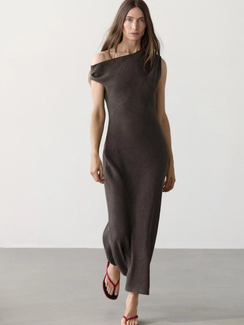 Платье миди из 100% льна с деталями на плечах