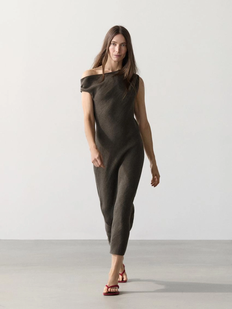 Платье миди из 100% льна с деталями на плечах