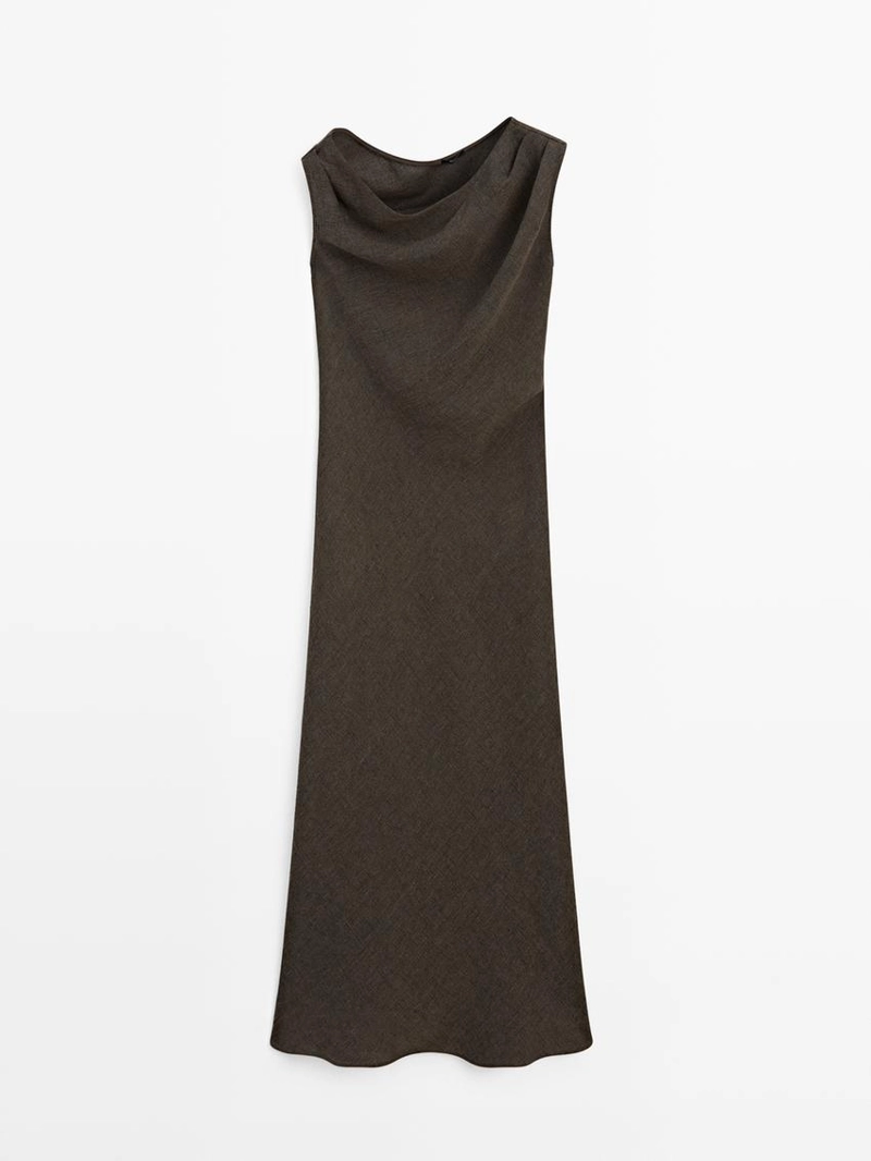 Платье миди из 100% льна с деталями на плечах