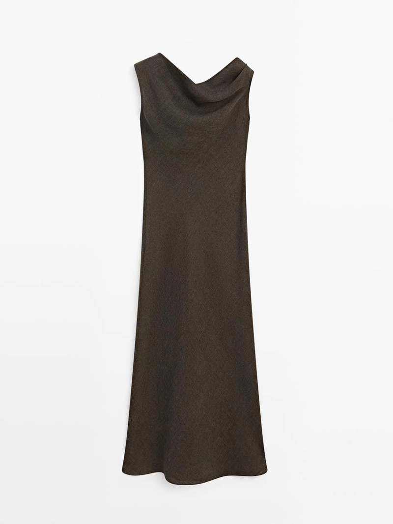 Платье миди из 100% льна с деталями на плечах