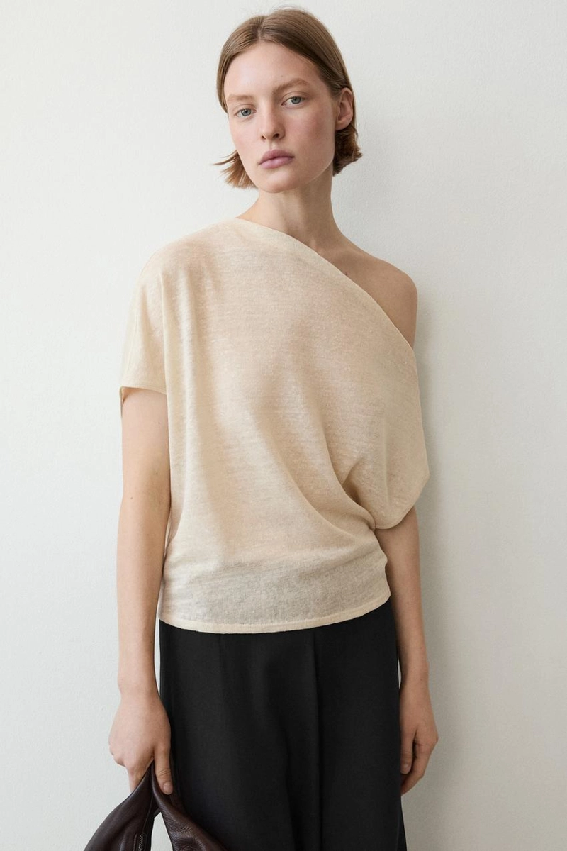 Льняной пальто с асимметричным укороченным кейпом