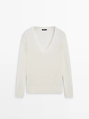 Трикотажный свитер с льняным v-образным вырезом- Заказать в России