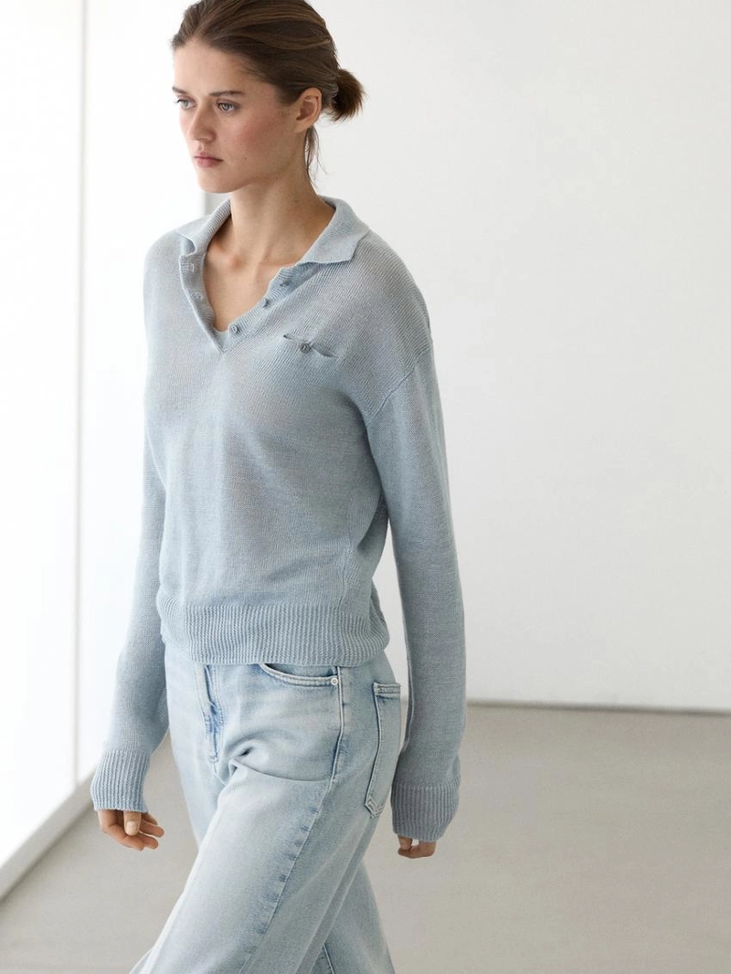 Джемпер с воротником поло из тонкого льна