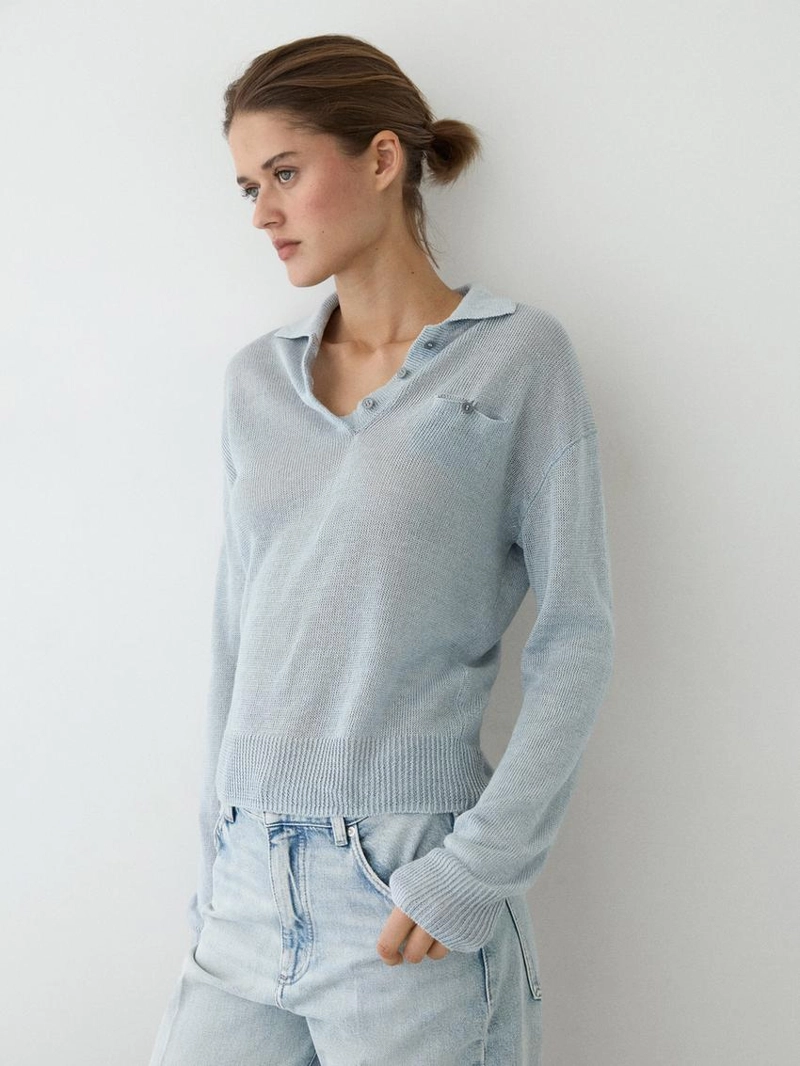 Джемпер с воротником поло из тонкого льна