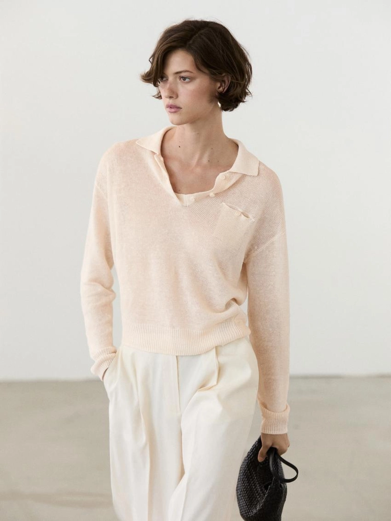 Свитер с воротником поло из тонкого льняного полотна