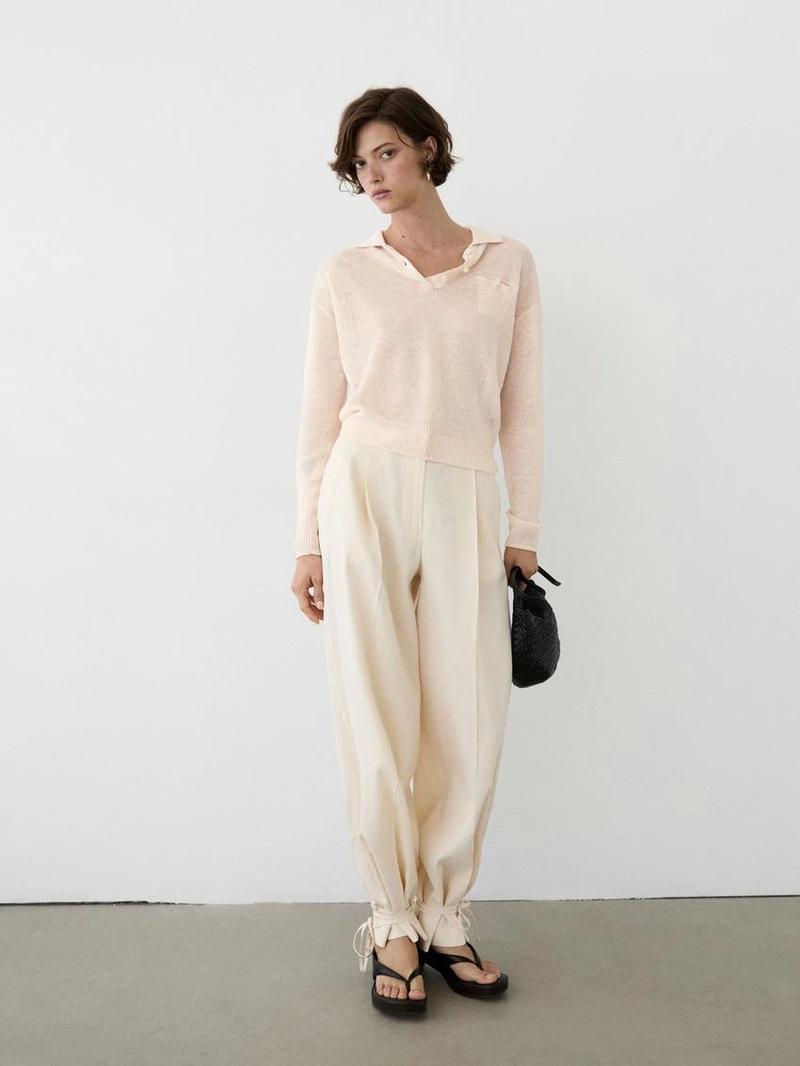 Свитер с воротником поло из тонкого льняного полотна