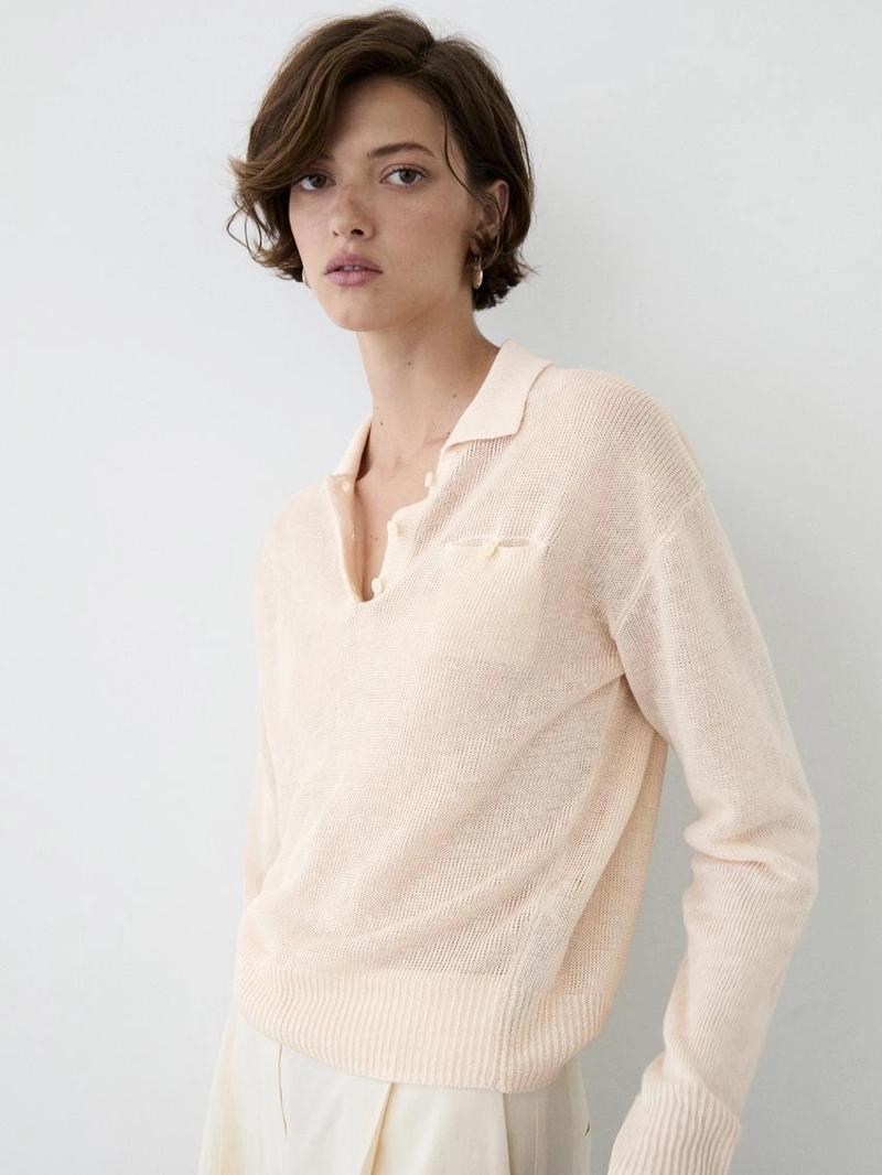 Свитер с воротником поло из тонкого льняного полотна