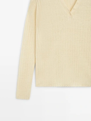 Льняной вязаный свитер с пуговицами- Заказать в России