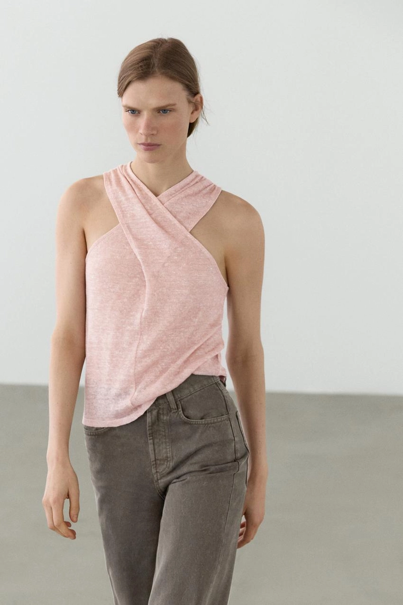 Топ из льняно-хлопковой смеси с декольте «качели»