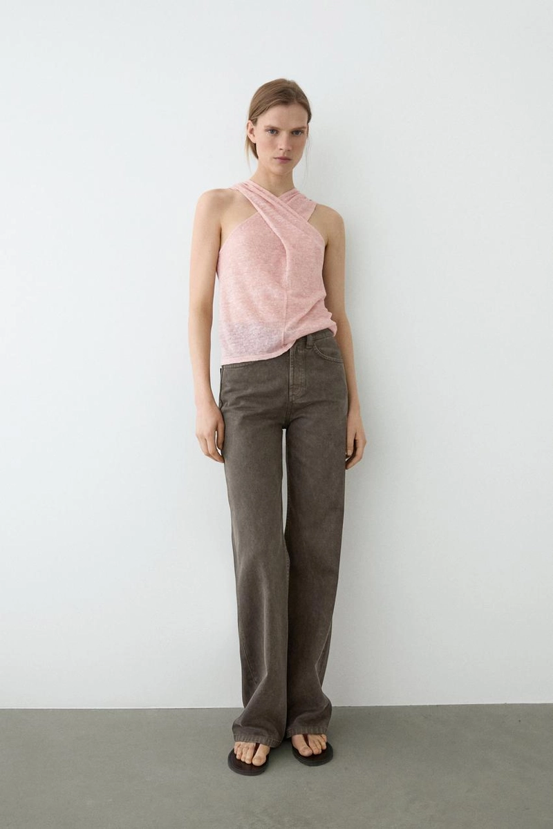 Топ из льняно-хлопковой смеси с декольте «качели»