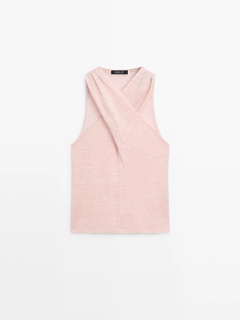 Топ из льняно-хлопковой смеси с декольте «качели»