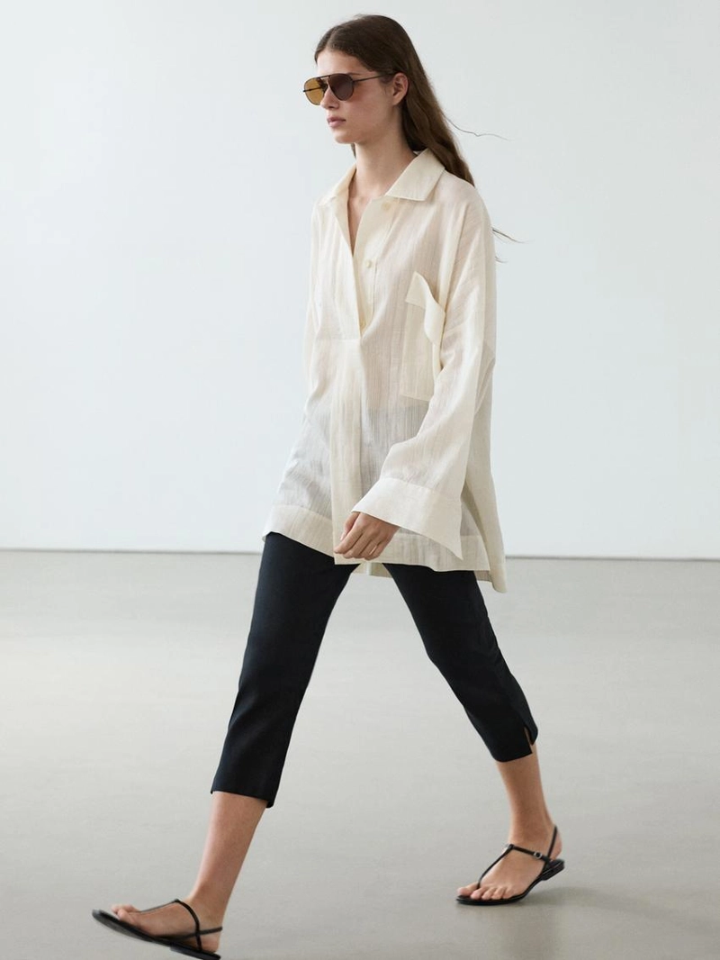 Рубашка из льна и хлопка с волнистой текстурой и открытием