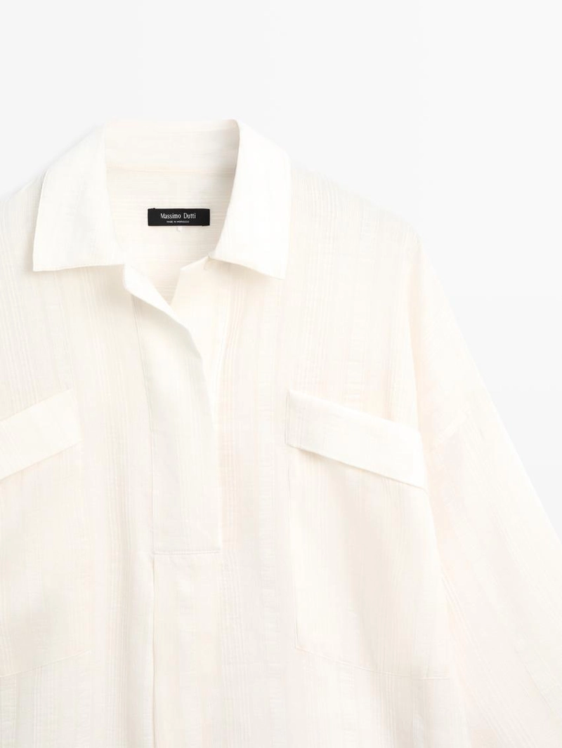 Рубашка из льна и хлопка с волнистой текстурой и открытием