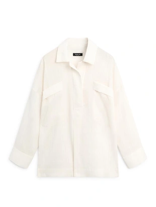 Рубашка из льна и хлопка с волнистой текстурой и открытием- Заказать в России