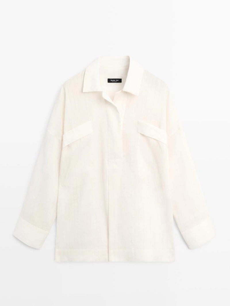 Рубашка из льна и хлопка с волнистой текстурой и открытием