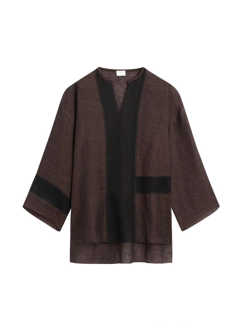 Приталенная блуза из льняно-смешаной ткани с кружевными деталями