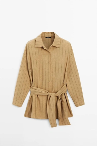 Рубашка в полоску с поясом- Заказать в России