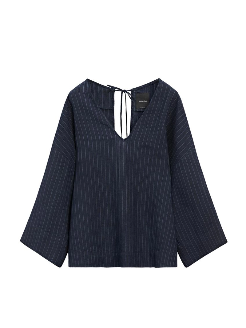 Рубашка из льна в полоску с деталями на спине