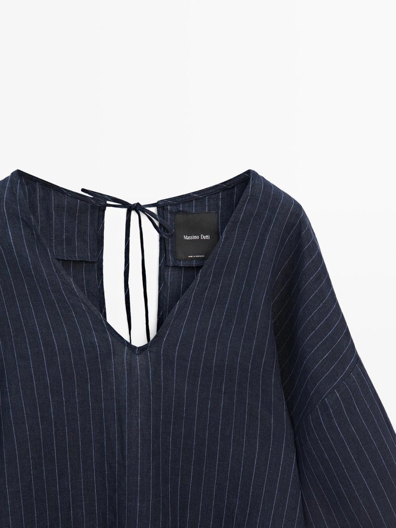 Рубашка из льна в полоску с деталями на спине