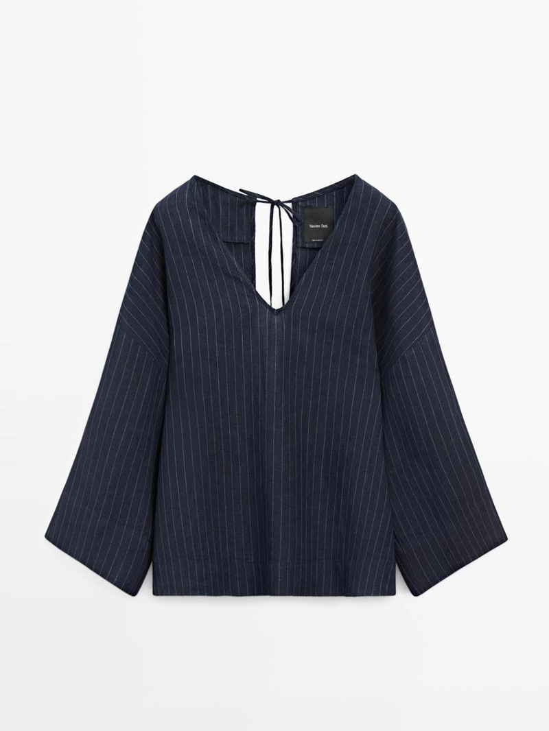 Рубашка из льна в полоску с деталями на спине