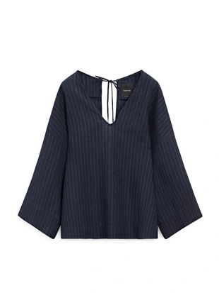 Рубашка из льна в полоску с деталями на спине- Заказать в России