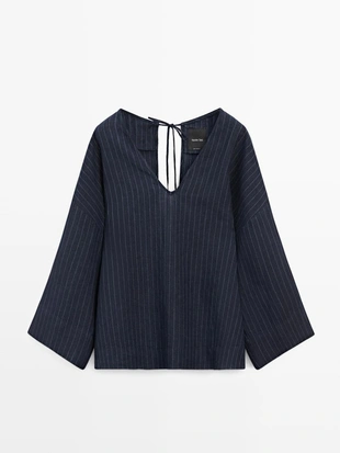 Рубашка из льна в полоску с деталями на спине- Заказать в России