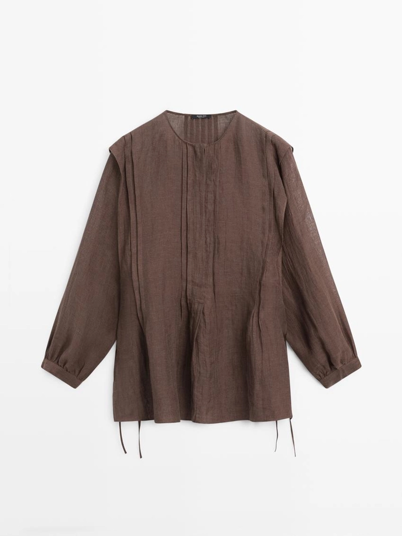Блузка из льна с рюшами, свободного кроя