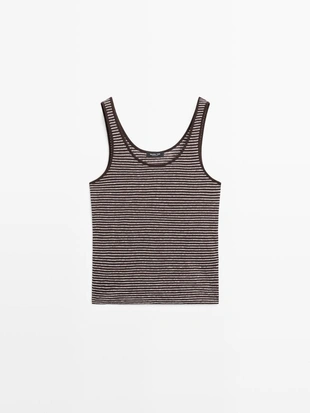 Полосатый льняной топ на бретелях- Заказать в России