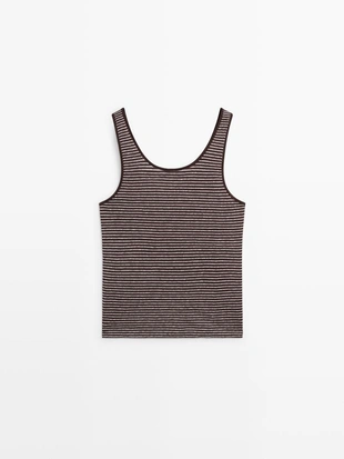 Полосатый льняной топ на бретелях- Заказать в России