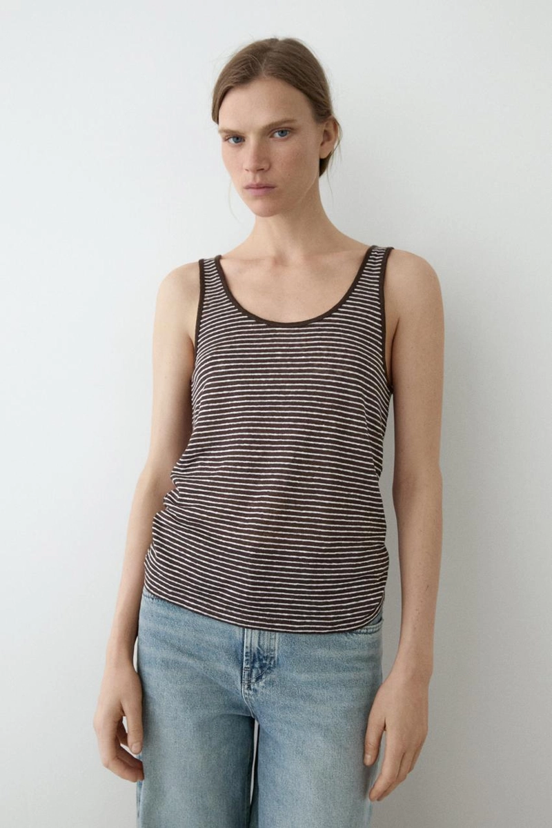 Полосатый льняной топ на бретелях