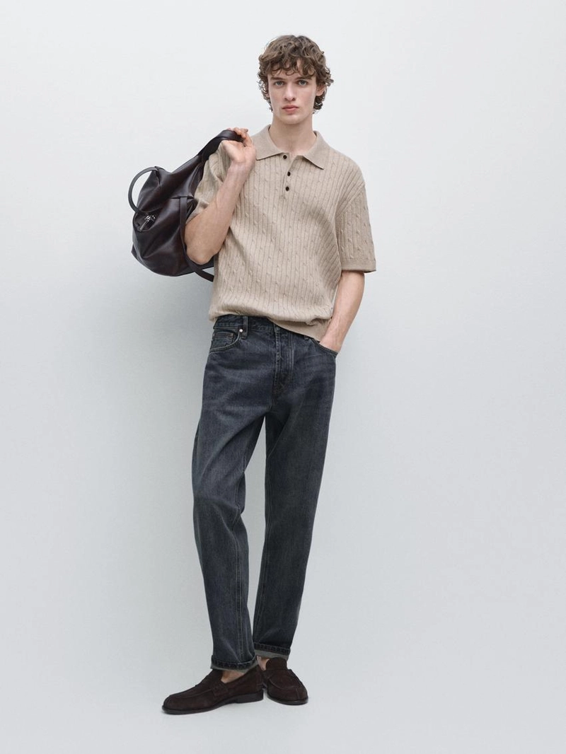 Поло-свитер из хлопкового микса с косами