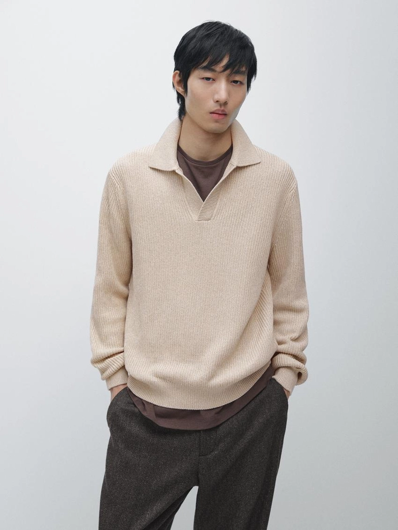 Свитер-поло из хлопкового вязаного полотна