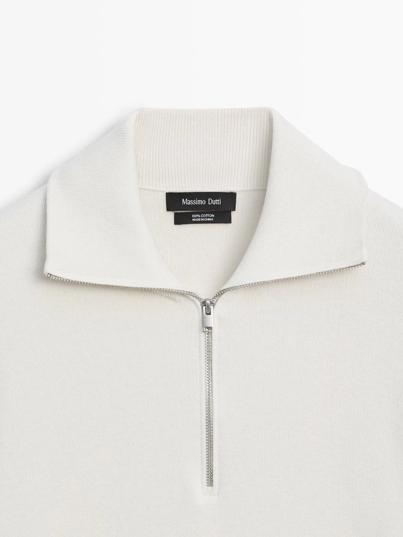 Вязанный свитер с мокрым воротником из хлопка с молнией