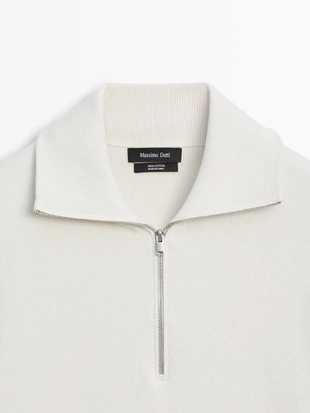 Вязанный свитер с мокрым воротником из хлопка с молнией- Заказать в России