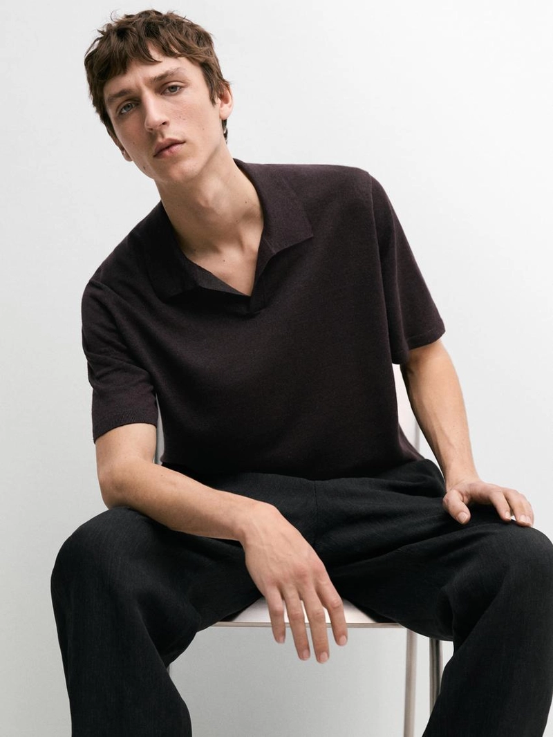 Водолазка-поло из льна с v-образным вырезом