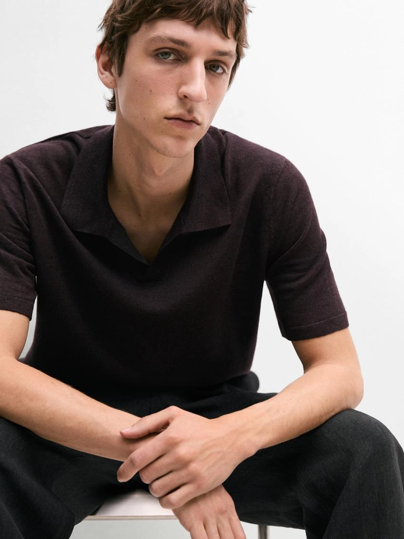 Водолазка-поло из льна с v-образным вырезом