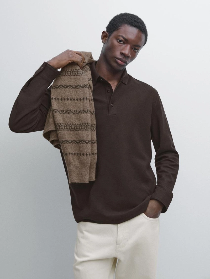 Поло с длинными рукавами из текстурированного пике