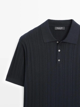 NAVY BLUE | 1212/208/401 - Massimo Dutti Поло-свитер с косами из смесового хлопка