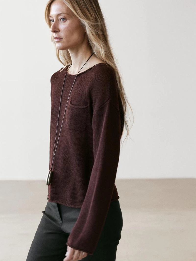 Джемпер из хлопка и льна с карманом