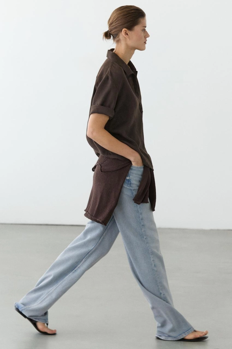 Блузка из льна с воротником-поло